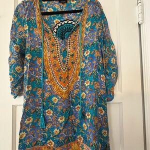 Floral Bohemian Blue and Orange Silk Women's Top or Dress in Excellent Condition